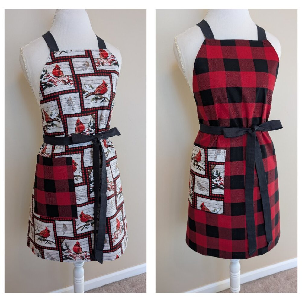 NWT Handmade Reversible Apron - Cardinals and buffalo plaid - One Size - OOAK